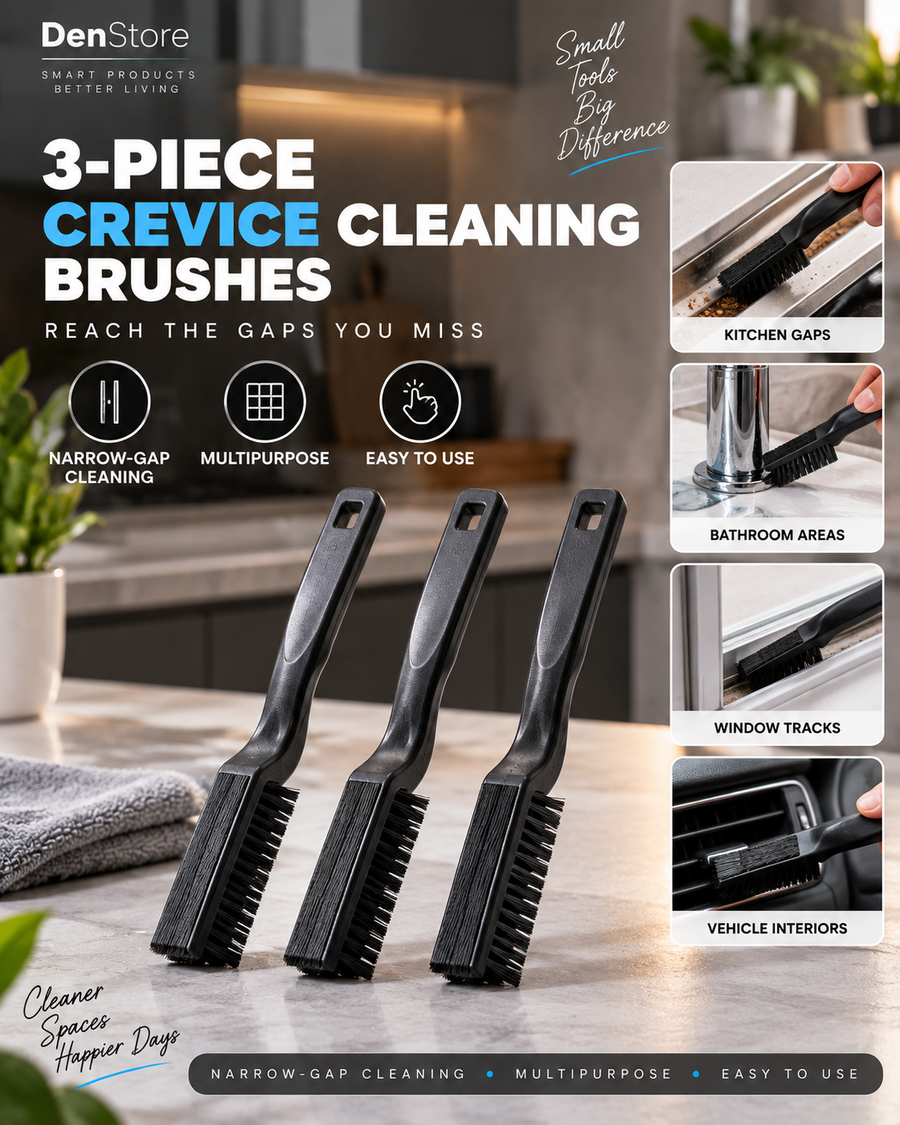 DenStore 3-piece crevice cleaning brush set for narrow gaps and household cleaning