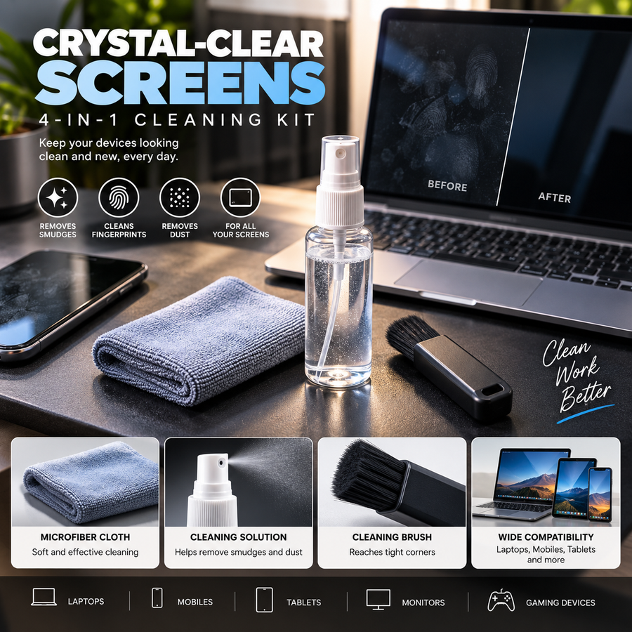 4-in-1 screen cleaning kit with microfiber cloth, cleaning solution and brush