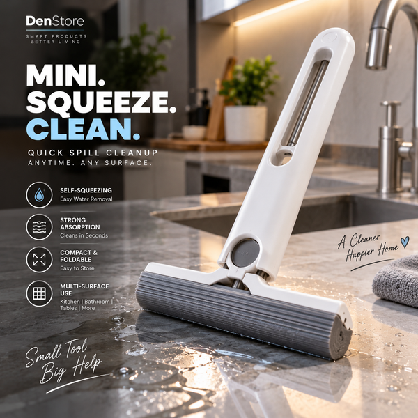 Foldable self-squeezing mini mop for quick wet and dry cleaning