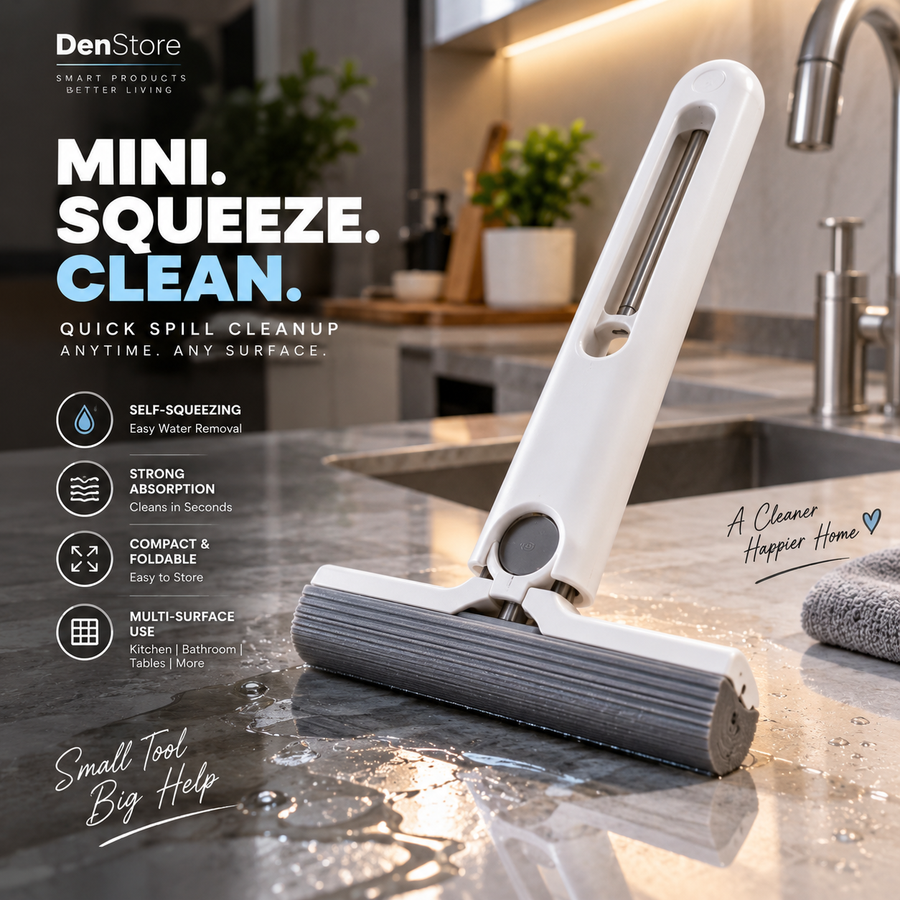 Foldable self-squeezing mini mop for quick wet and dry cleaning