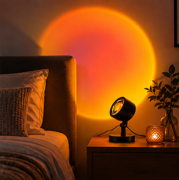 Sunset projection lamp creating ambient bedroom lighting