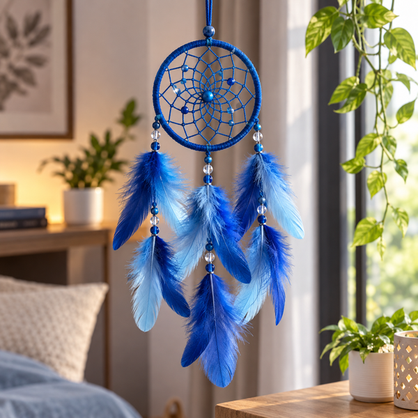 Blue feather dreamcatcher hanging in a cozy modern room