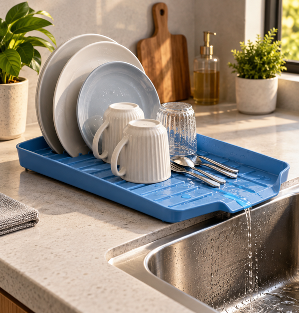 Blue slanted dish draining tray beside a kitchen sink