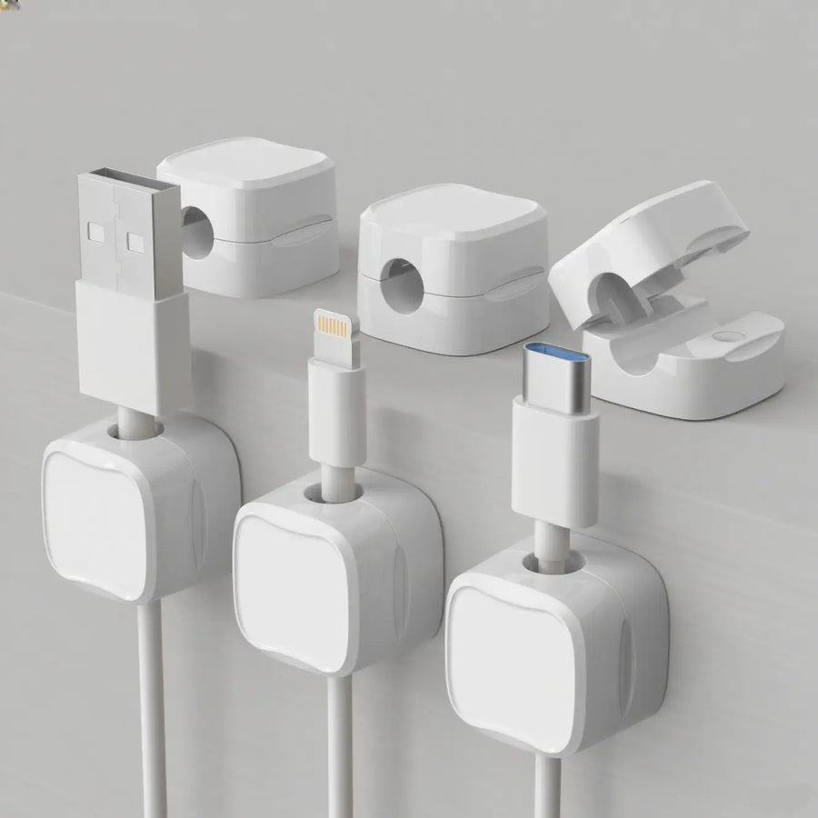 White magnetic cable clip shown open and closed with charging cables