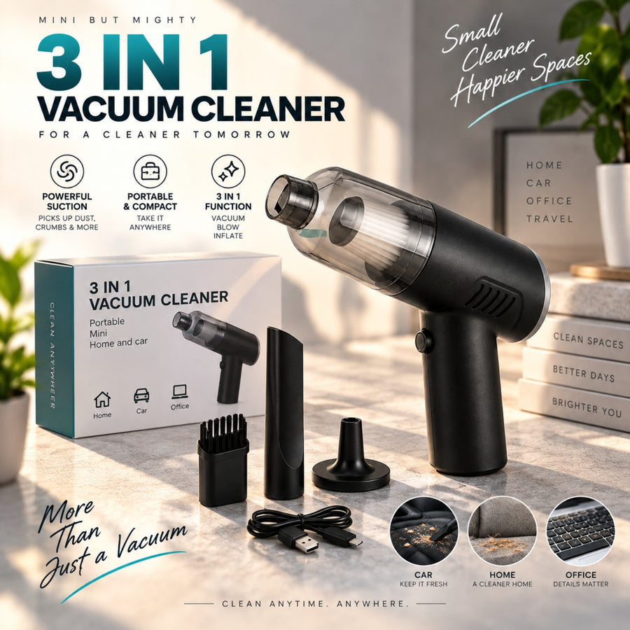 3-in-1 mini vacuum attachments and charging cable