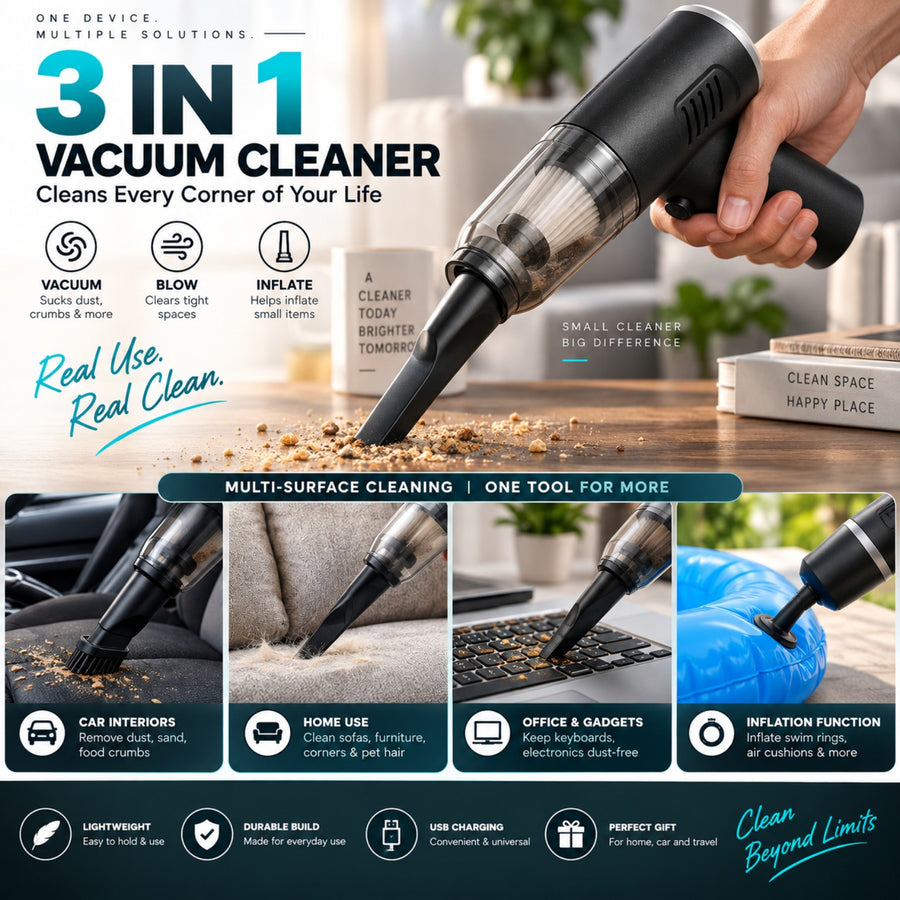 Handheld 3-in-1 mini vacuum cleaning crumbs from a table