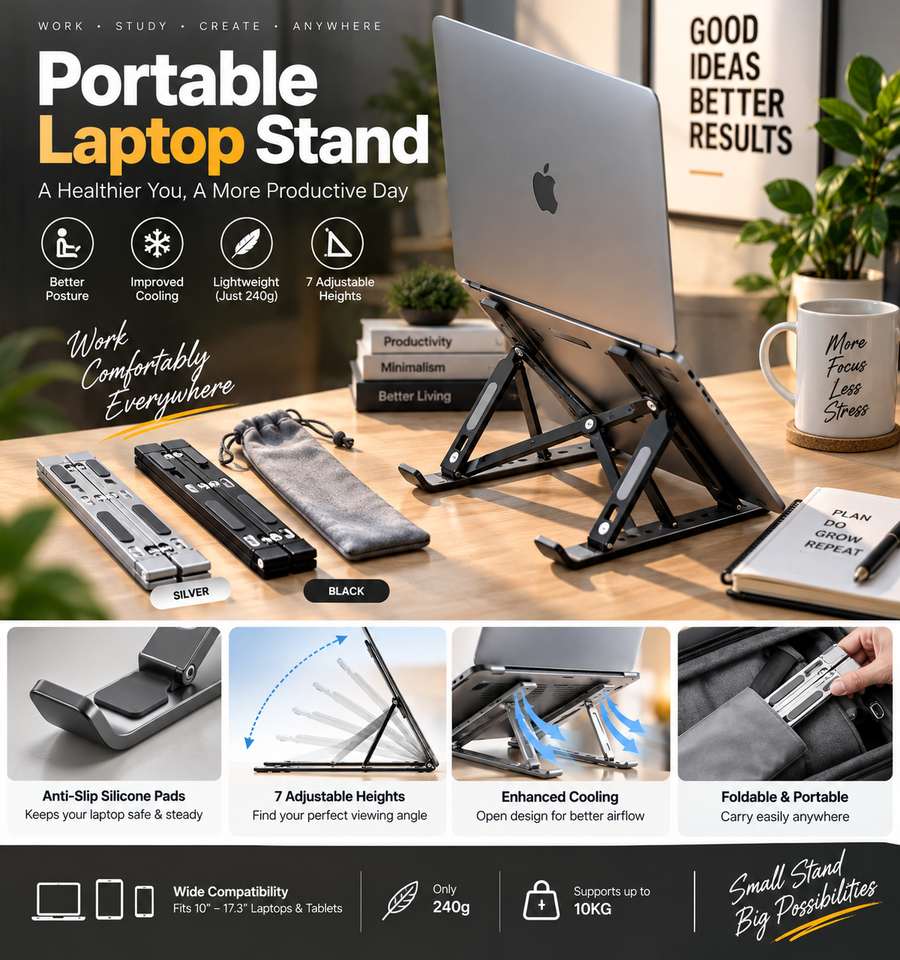 Black and silver portable laptop stands with laptop in workspace