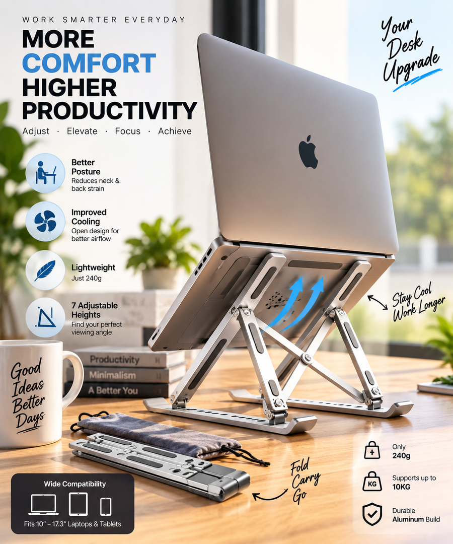 Adjustable laptop stand showing cooling airflow and foldable design