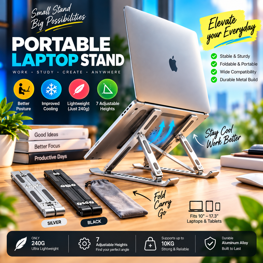 Portable adjustable laptop stand with laptop on desk
