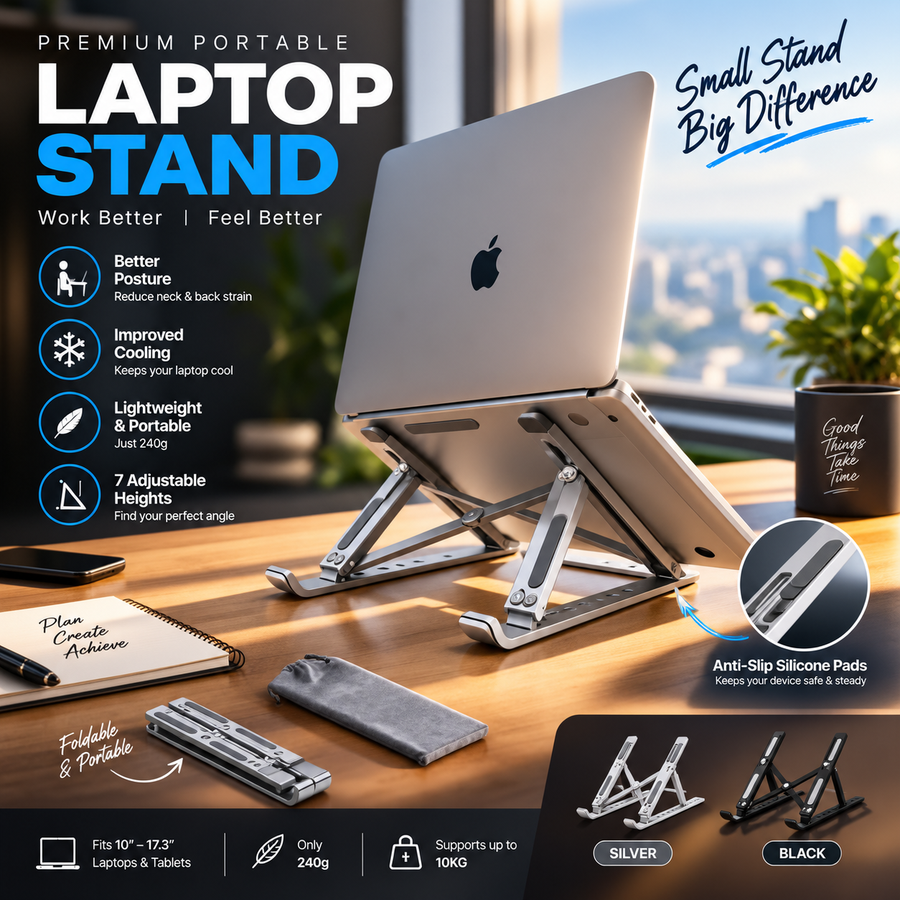 Silver portable laptop stand supporting a laptop in a modern workspace
