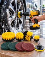 Drill scrubber brush cleaning car wheel