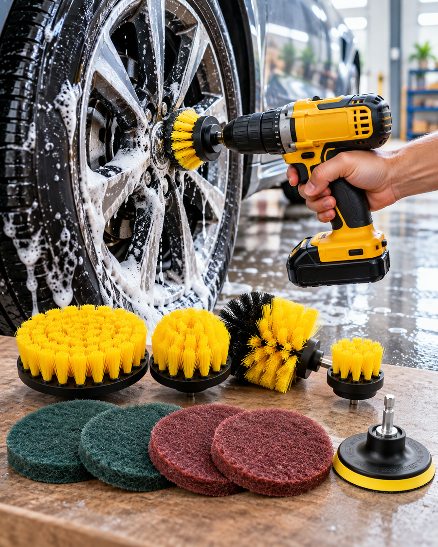 Drill scrubber brush cleaning car wheel