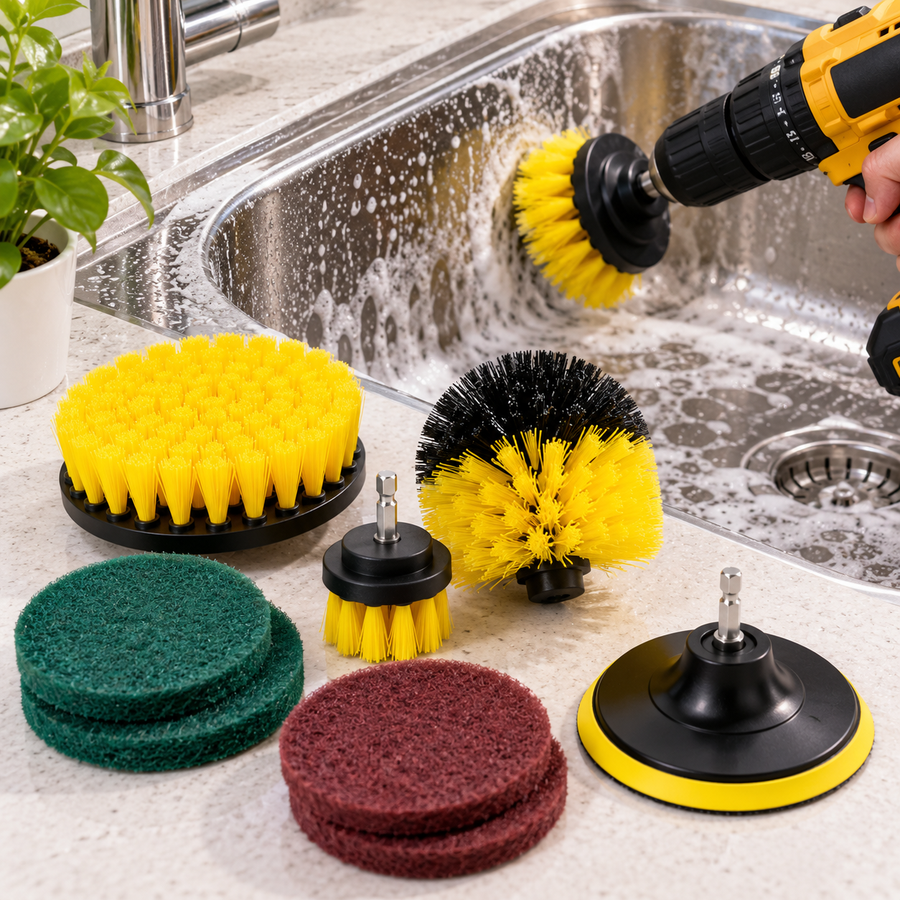 Drill scrubber brush cleaning kitchen sink