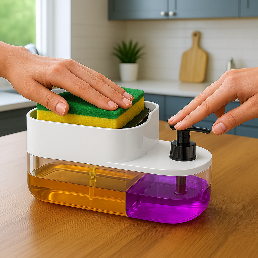 3-in-1 soap pump dispenser with sponge holder in modern kitchen